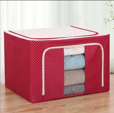 72L Durable Oxford Fabric Foldable Steel Shelf Lidded Clothes Storage Box Natural Canvas Organizer Container With Steel Frame