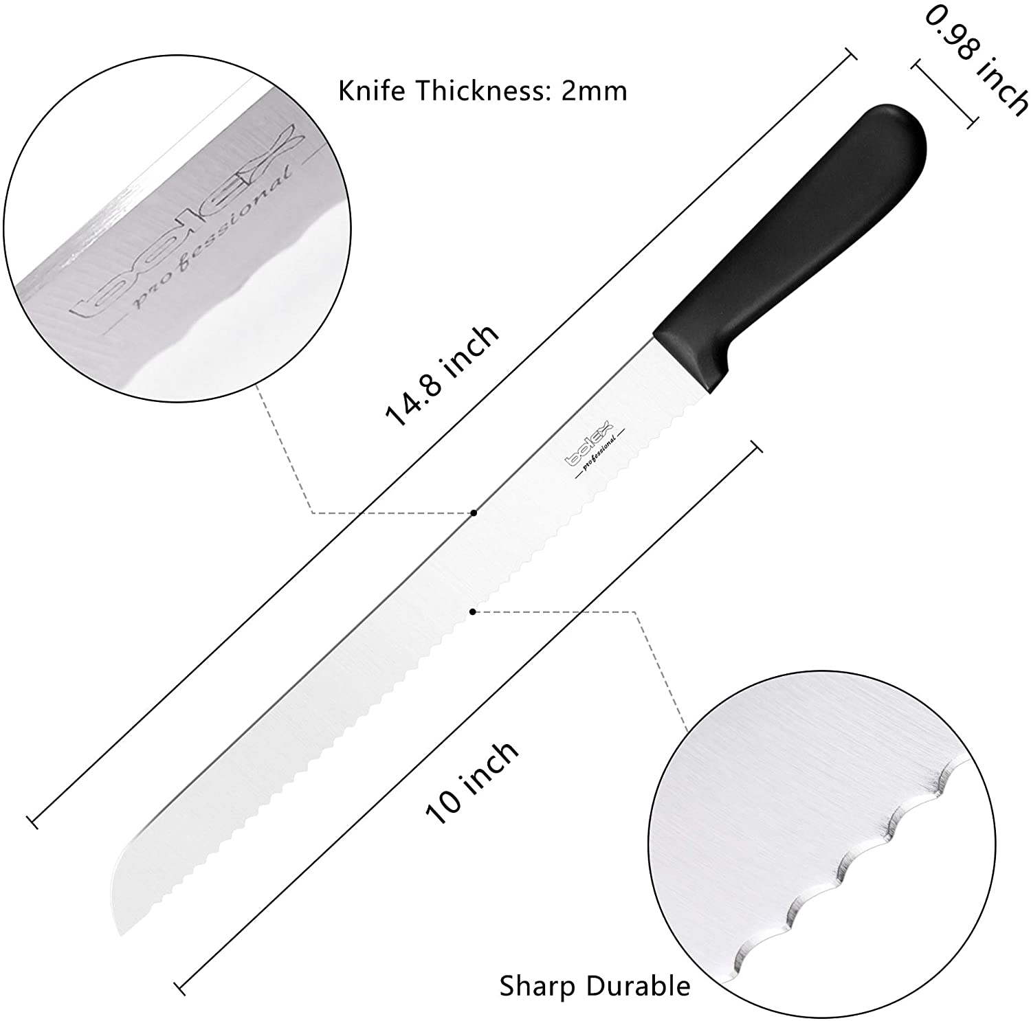 BOLEX 10 Inch Serrated Bread Knife Stainless Steel Wide Wavy Edge Knife