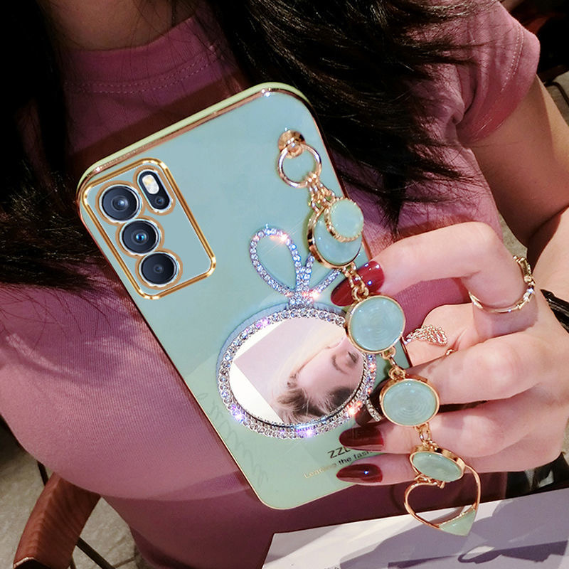 AnDyH Precise camera protection case For OPPO A16 2021 cases Bunny makeup mirror with gemstone bracelet