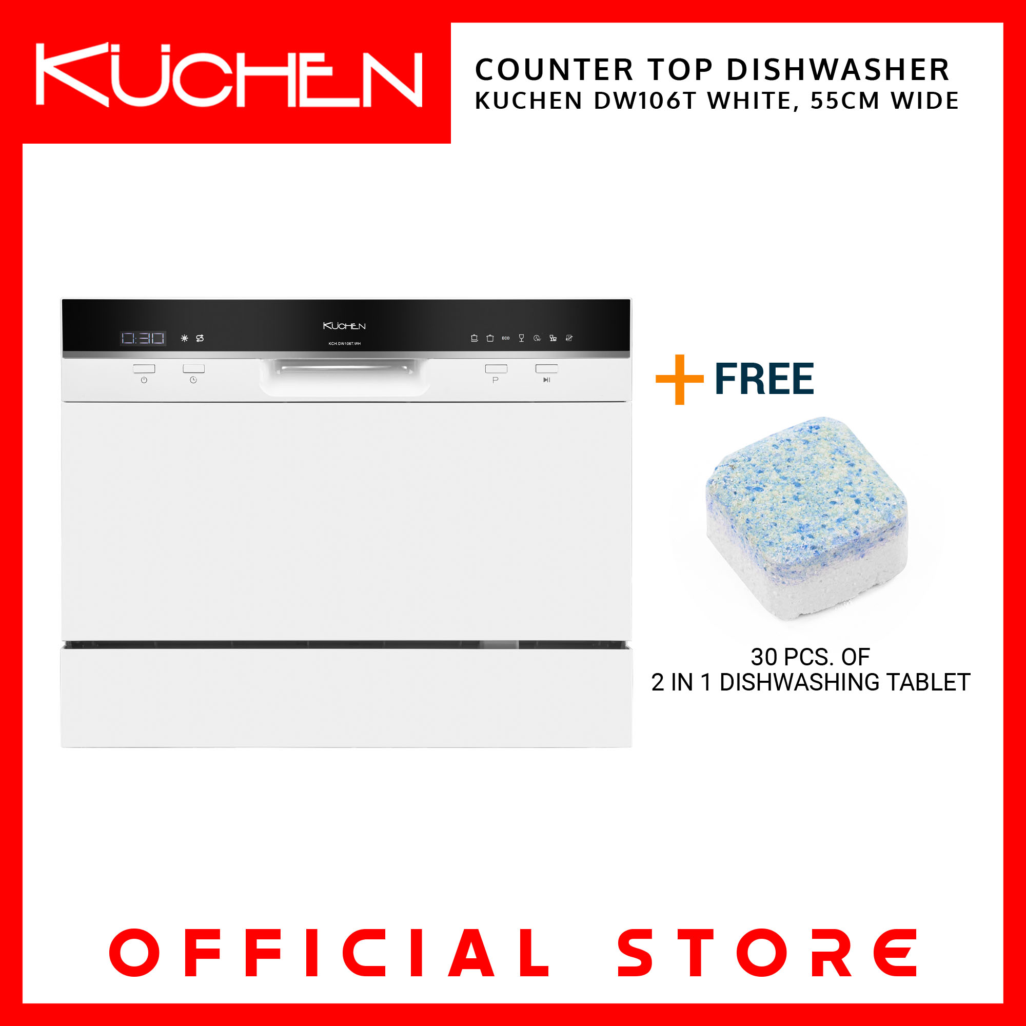 KUCHEN DW106T Tabletop Dishwasher White with FREE 30pcs of in