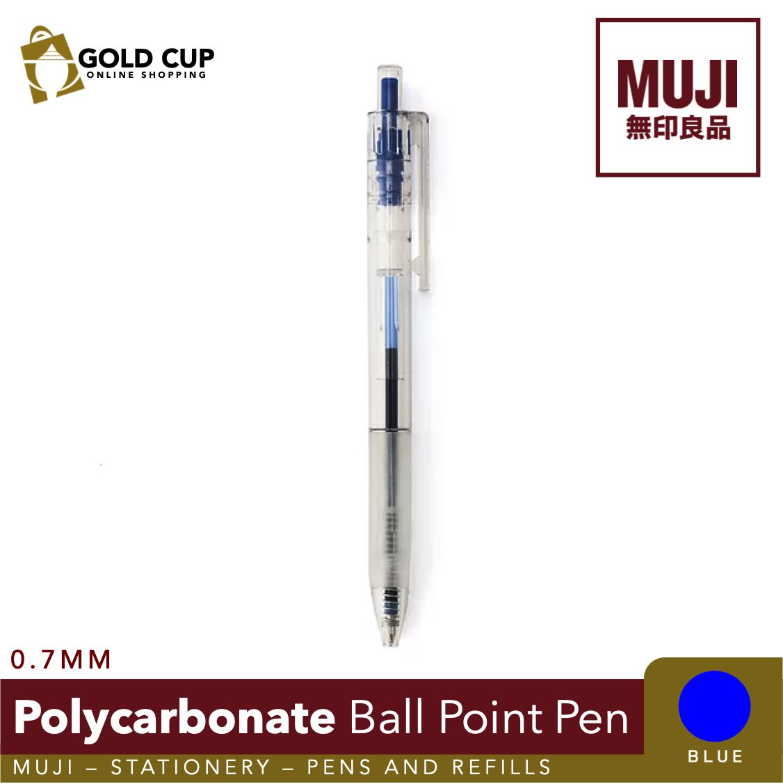 MUJI Polycarbonate Ballpoint Pen with Rubber Grip 0.7mm, Blue