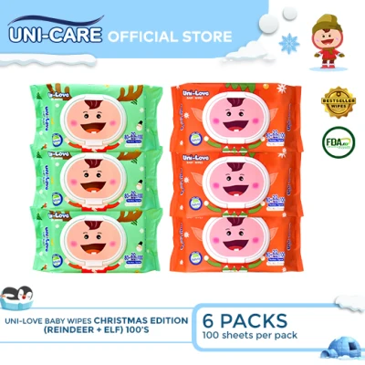 UniLove Baby Wipes Christmas Edition Combo (Reindeer + Elf) 100's Pack of 6