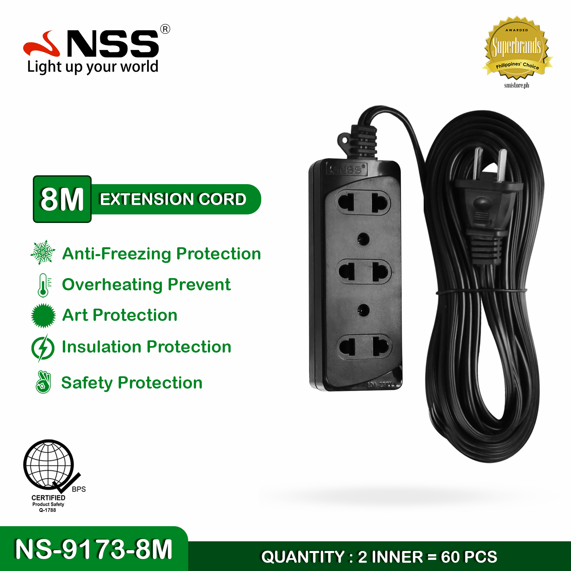 Nss 3 outlet extension cord 8m,5m,3m extension wire with socket