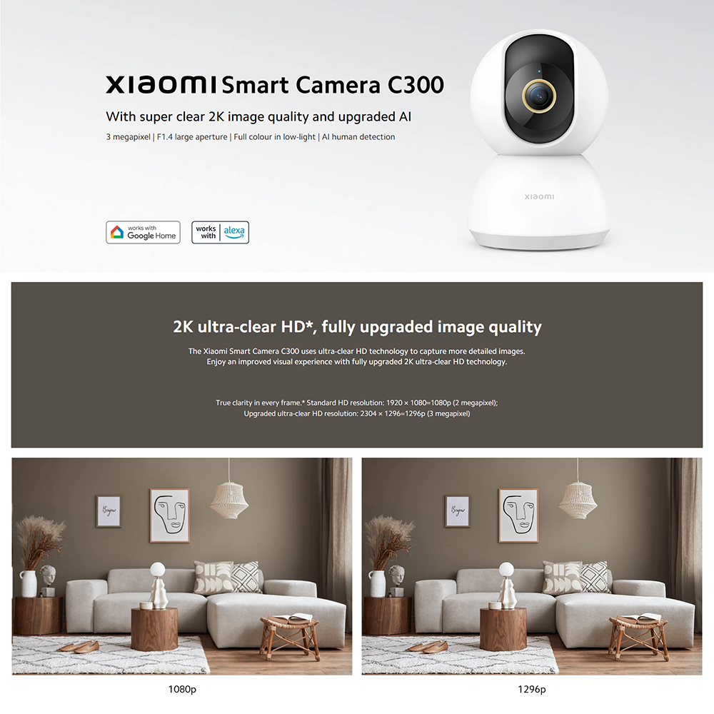 Xiaomi Smart Camera C300 Indoor Cam, Super Clear 2K Image Quality and  Upgraded AI, 3 Megapixel, F1.4 Large Aperture, Full Colour in Low-Light, AI  Human Detection, Voice Assistant Compatibility : Electronics 