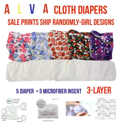 Alva BABY Cloth Diaper with 3-Layer Microfiber insert cloth diaper-5 SETS PrePacked SALE PRINTS SHIP RANDOMLY-GIRL PRINTS