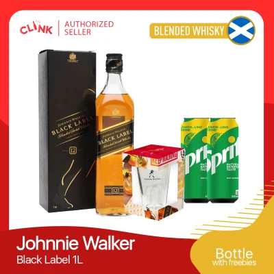 Johnnie Walker Black Label 1L Blended Scotch Whisky with Highball Glass and 2 Sprite in Can