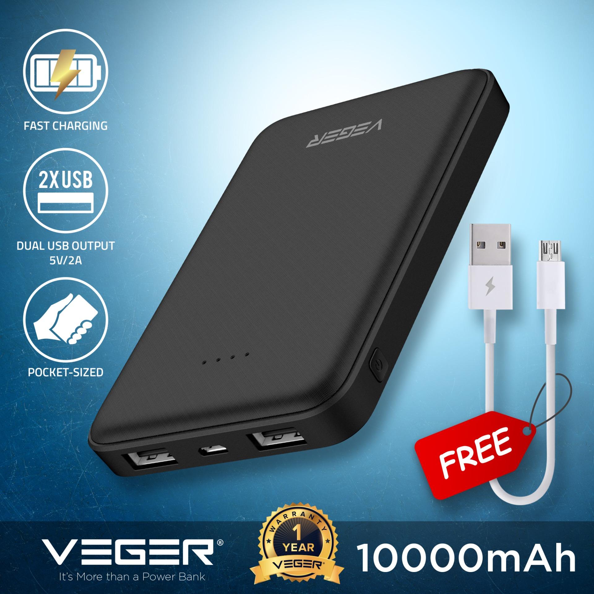 VEGER VP1018 10000mAh Power Bank Slim Pocket Style Mini Powerbank Micro USB 2.0A Input 2.0A Dual USB Output External Battery Compact Portable Charger.