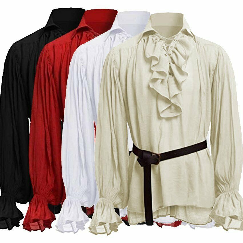 Beige(No Belt), 3XL) Renaissance Men Medieval Pirate Shirt 18th