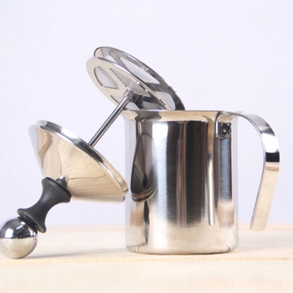 Stainless Steel Manual Milk Creamer Hand Pump Frother Cappuccino Latte  Coffee Foam Pitcher with Handle, Lid, Double Layer Filter Screen(400ml)