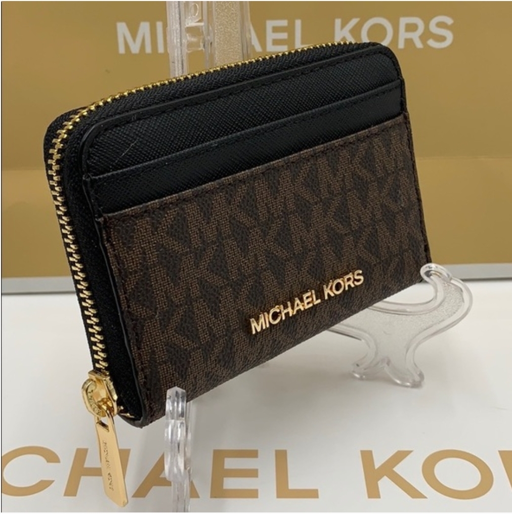 Michael Kors Jet Set Travel MD Zip Around Card Case Wallet in Logo Printed  Brown Canvas and Black Crossgrain Leather - Unisex Wallet | Lazada PH