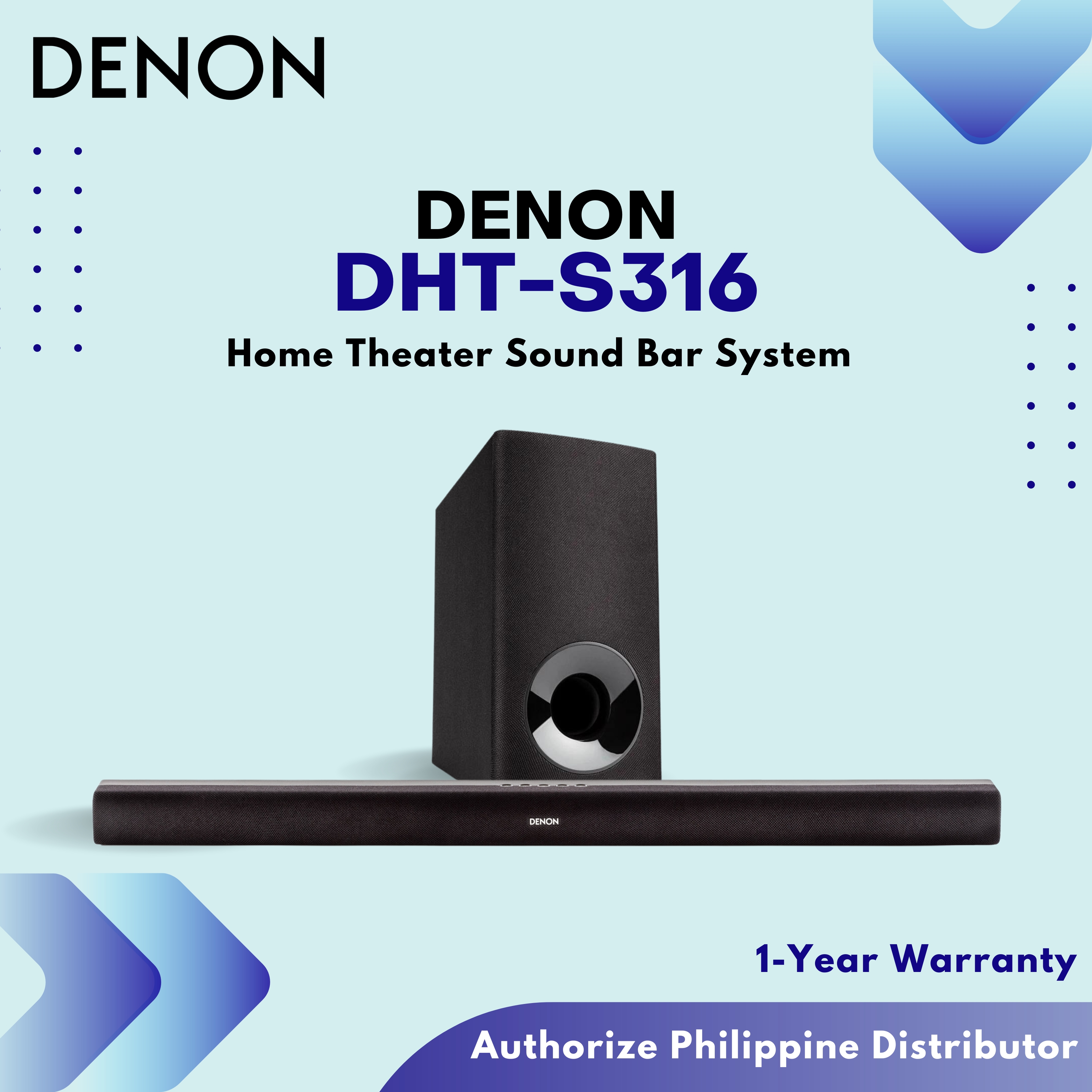 Denon DHTS316 home theatre sound bar system with wireless subwoofer