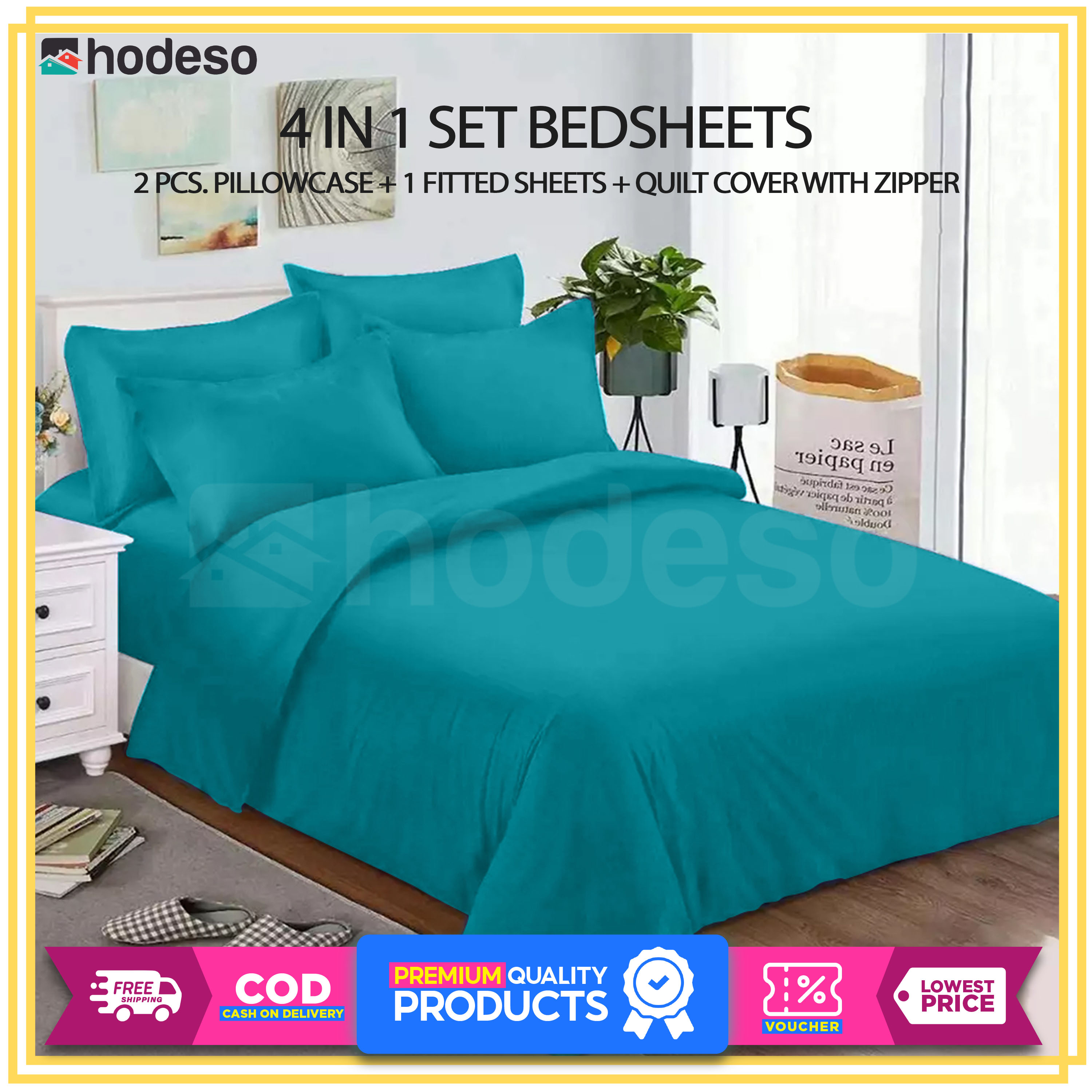 4in1 Plain Hotel Quality Bedding Set, 1 Fitted Bed Sheet, 1 Quilt / Duvet / Comforter Cover