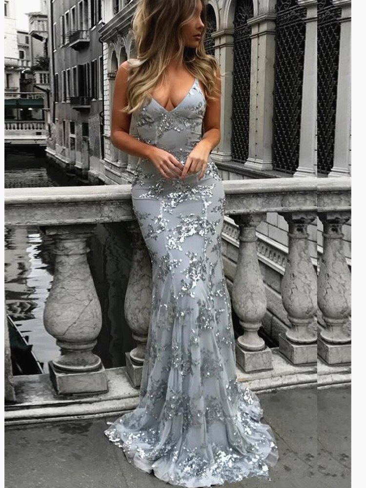 silver gray long gown