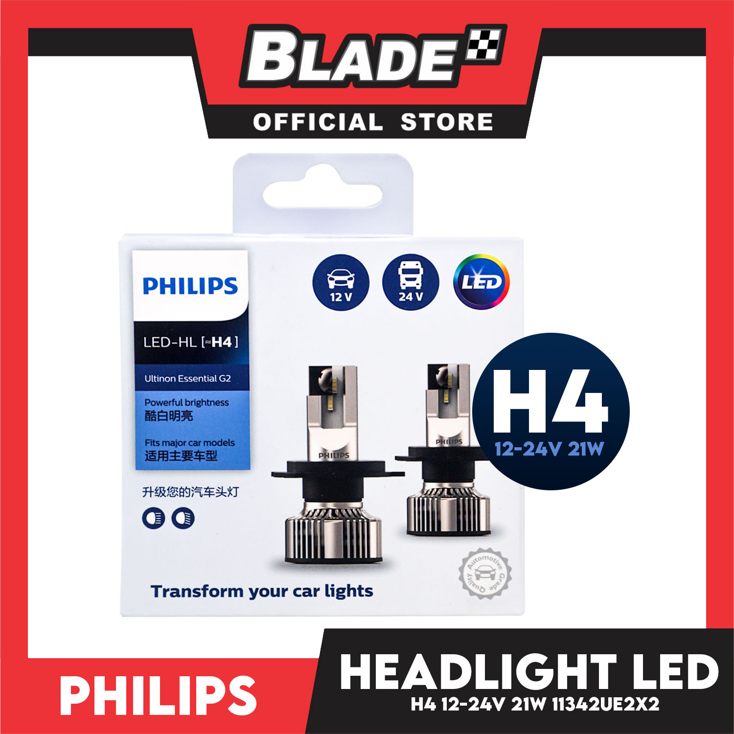 Philips H4 Ultinon Essentials G2 LED Headlight Globes 12V/24V (Pair) -  11342UE2X2 - Philips