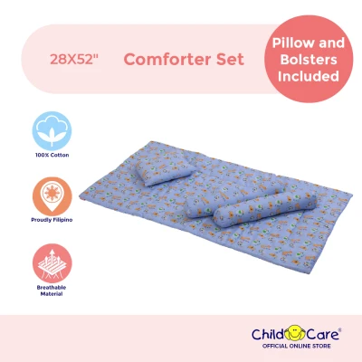 Child Care Baby Comforter Set with Pillow and Bolsters, 28X52" - Portable, Foldable, 4-in-1 With Protective Case (Girls) (Boys) (Newborns)