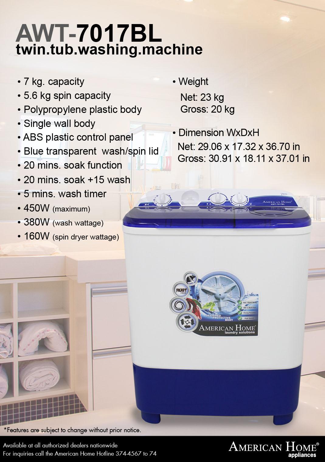 American Home 7 0kg Twin Tub Washing Machine Awt 7017bl Lazada Ph