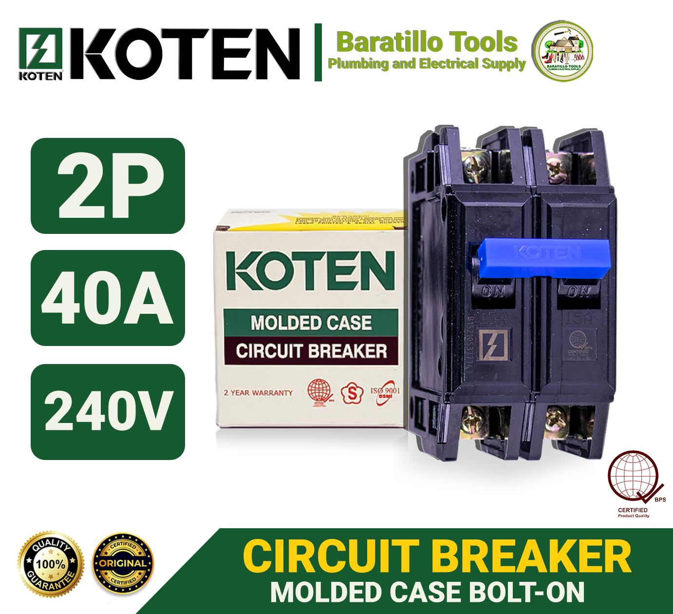 100% Original Koten Molded Case Circuit Breaker Bolt-on HPH 2P 15A, 20A ...