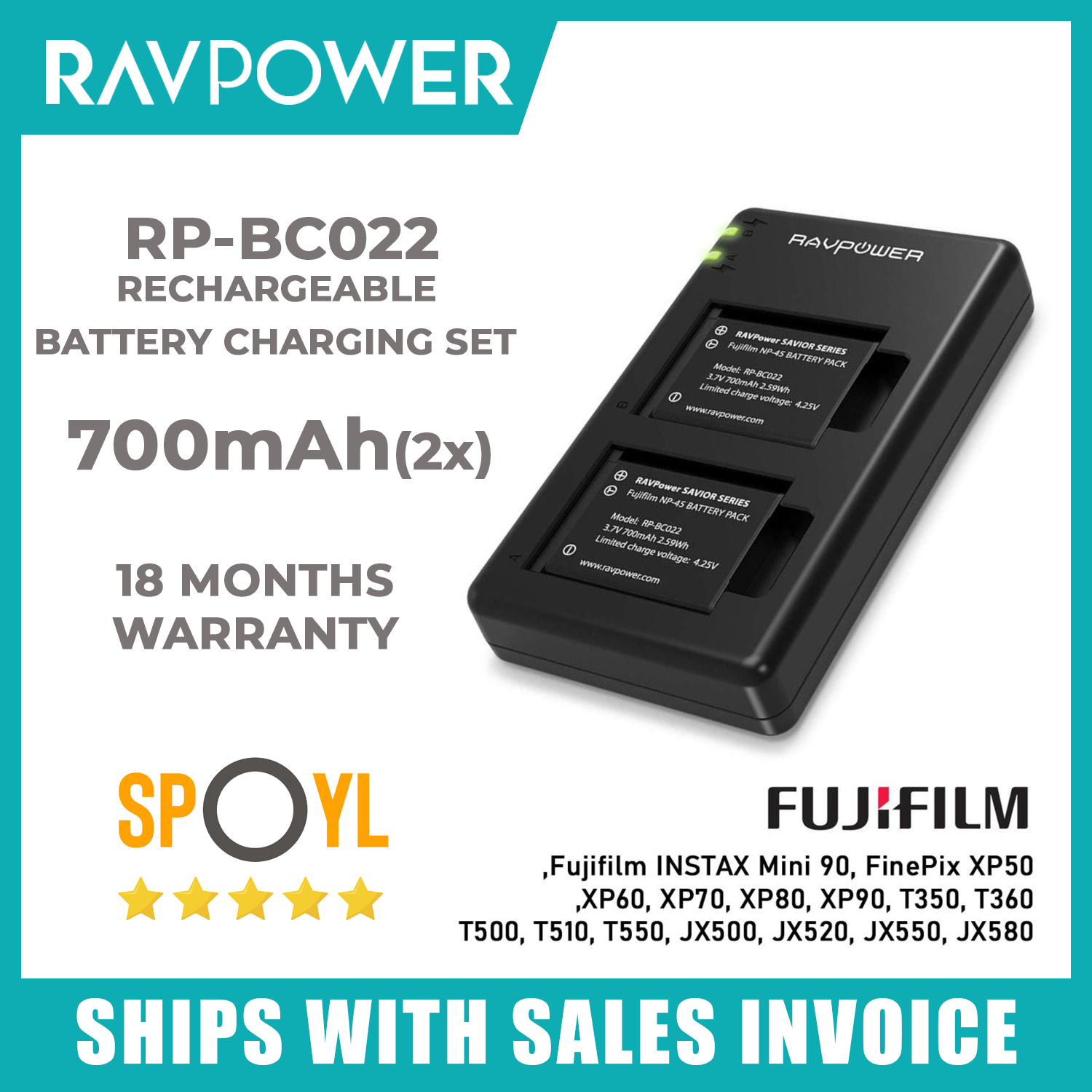 RAVPower NP 45A / NP 45B / NP 45S Fujifilm Camera Battery Charger Set for  Fujifilm INSTAX mINI 90 , FinePix XP50 , XP60 , XP70 , XP80 , XP90 , T350 ,