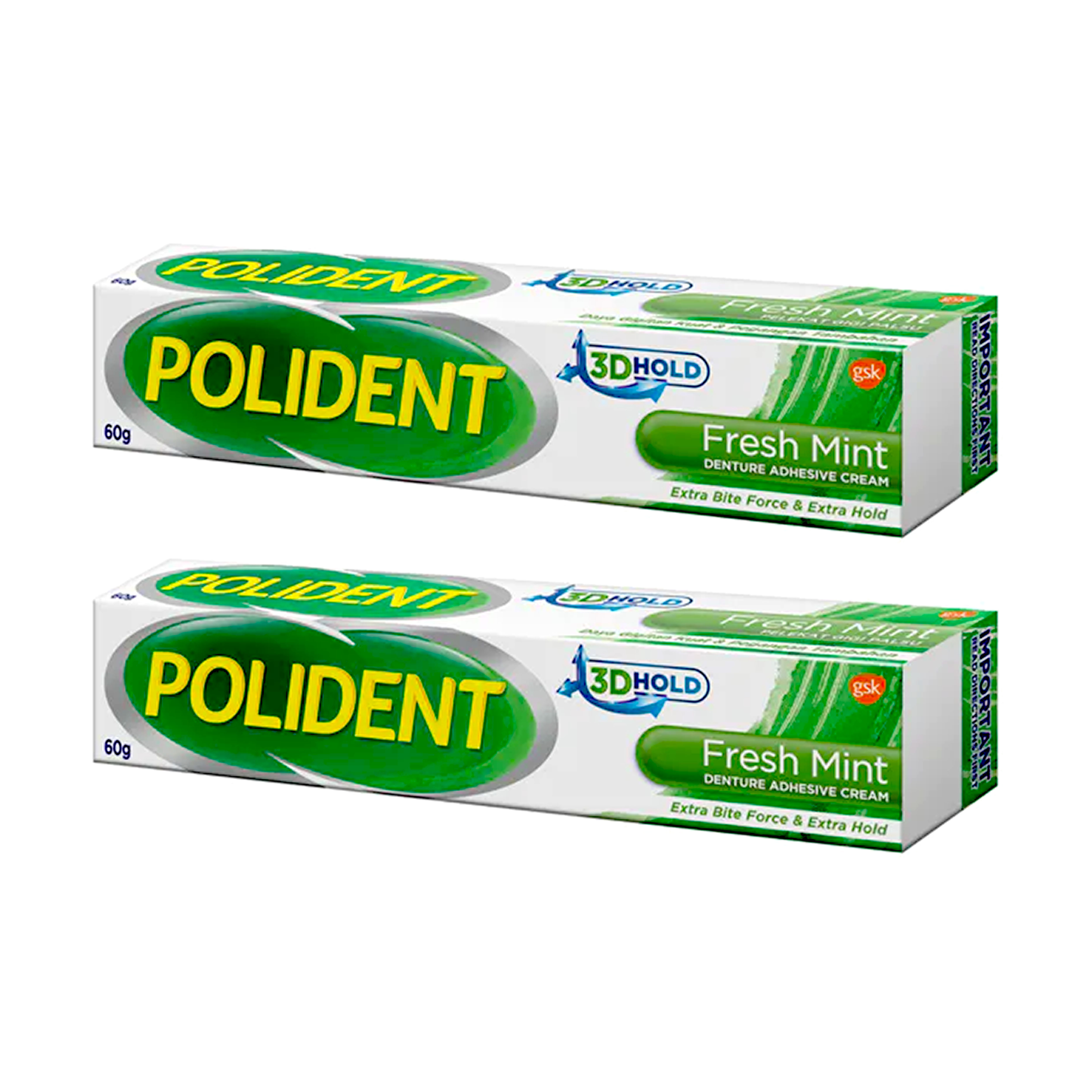 POLIDENT Denture Adhesive Fresh Mint Cream 2 TUBES (60g per tube