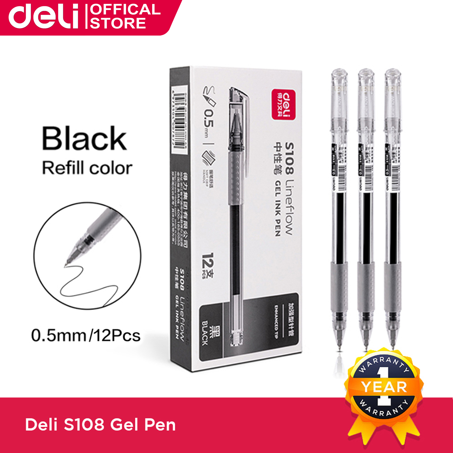 Deli Gel Pen Set Ballpen Set 12pcs For School Aesthetic 0.5mm Black