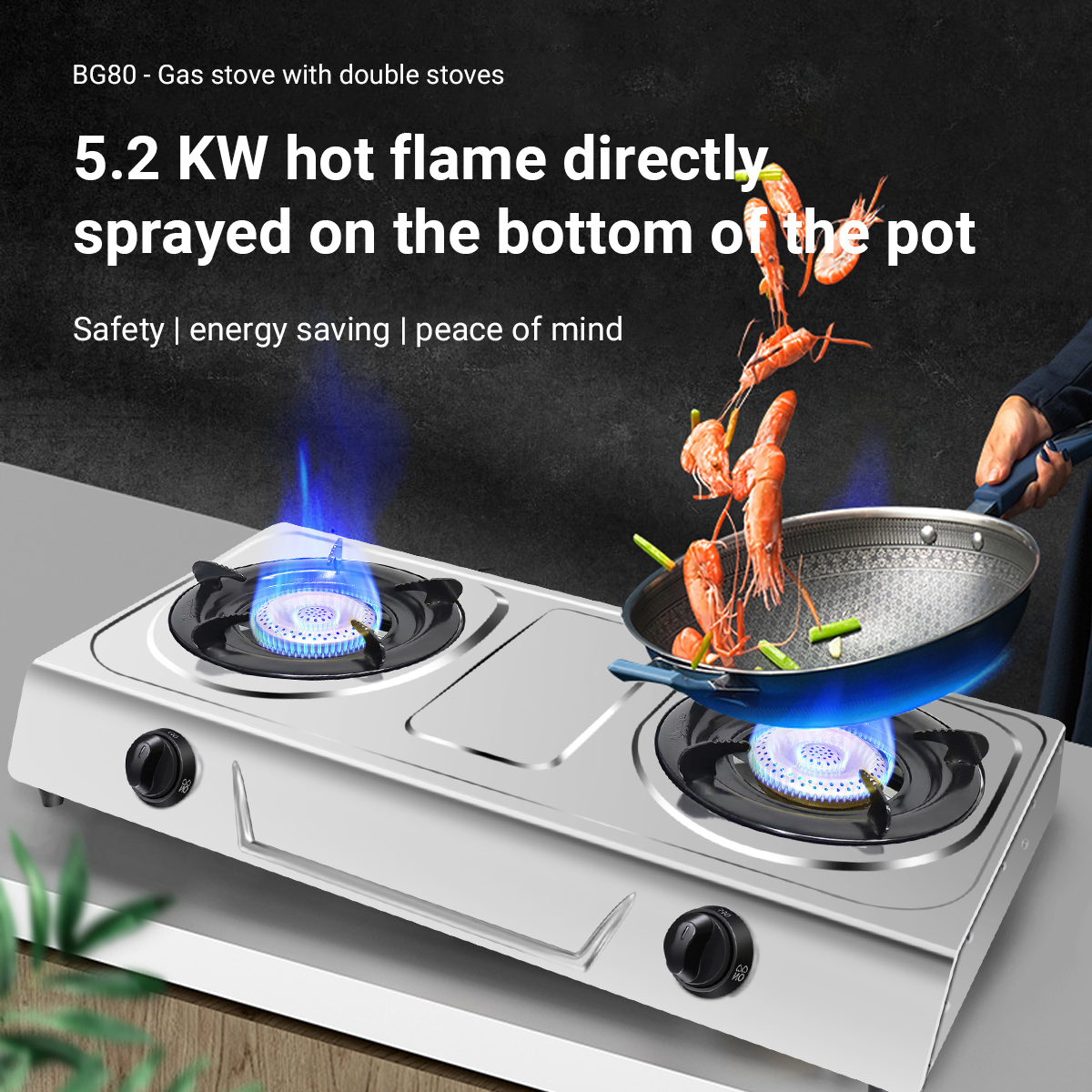 gas stove double burner stainless steel body tempered glass surface