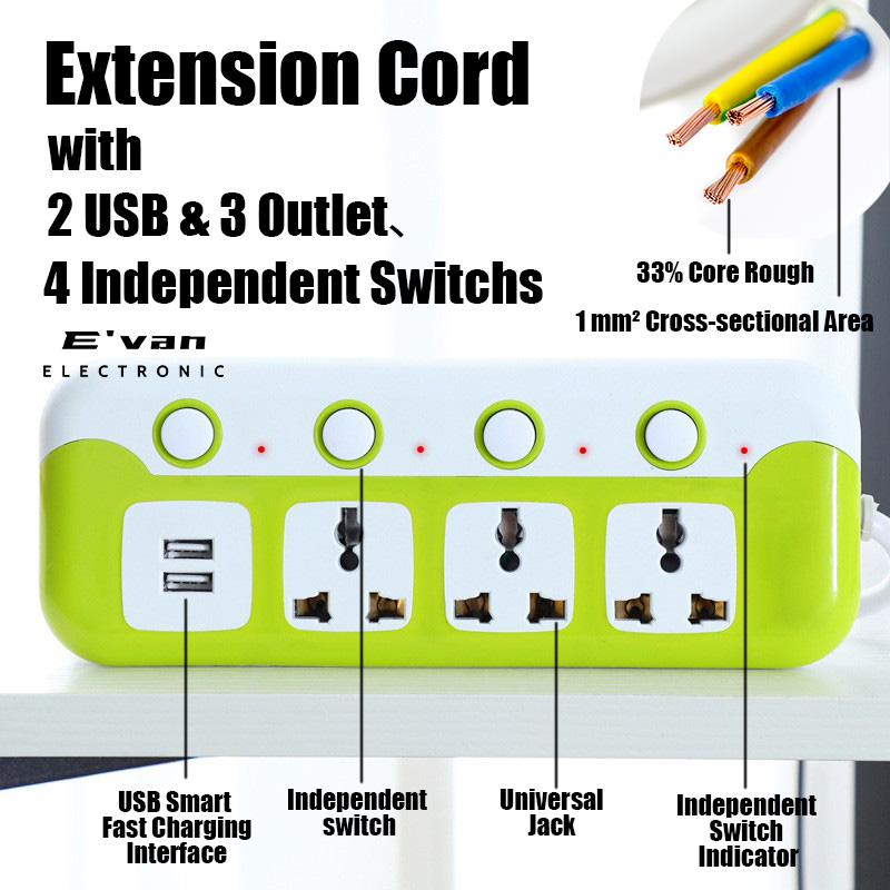 MultiFunction Extension Socket with 4 Power Socket 2 USB Ports Extension Cord with Independent