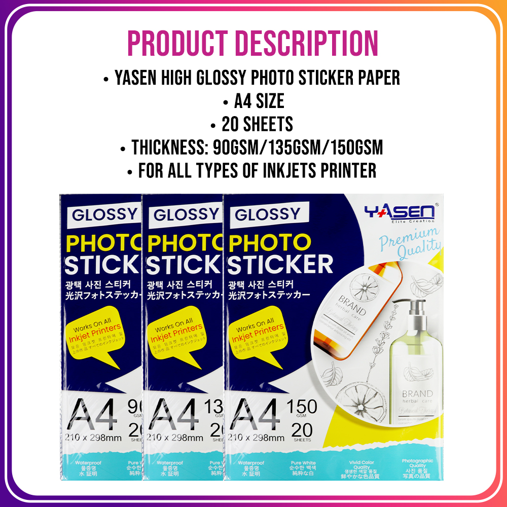 Yasen Transparent Vinyl Sticker Paper A4 150GSM Glossy 20 Sheets