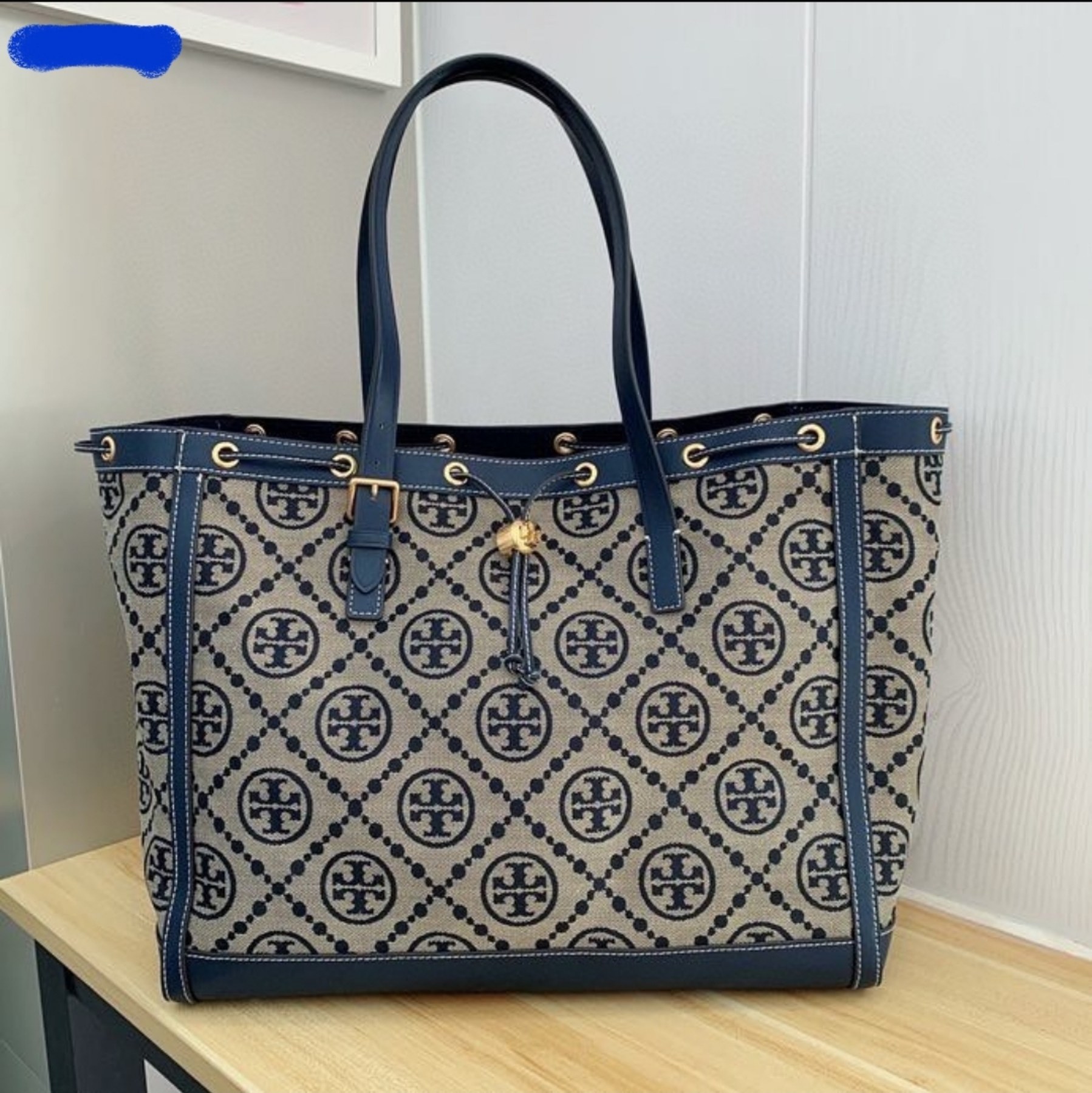 .Y . 80644 T Monogram in Navy Blue Woven Jacquard Tote Bag  with Fine Leather Trim and Drawstring Closure - Women's Bag | Lazada PH