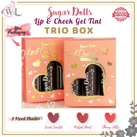 Sugar Dolls Lip & Cheek Gel Tint Trio Set - Shades : Cherry Jelly, Pretzel Heart, Sweet Scarlet
