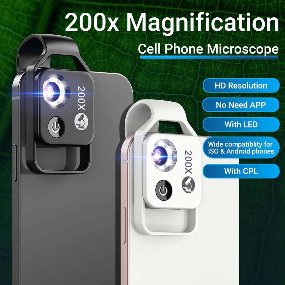 200X Portable Microscope Universal Mobilephone Microscope with 6 LED Lights 2 Level Brightness Adjustable No Need APP Multifunctional Microscope with CPL for Child Students Study Electronics Industry Testing