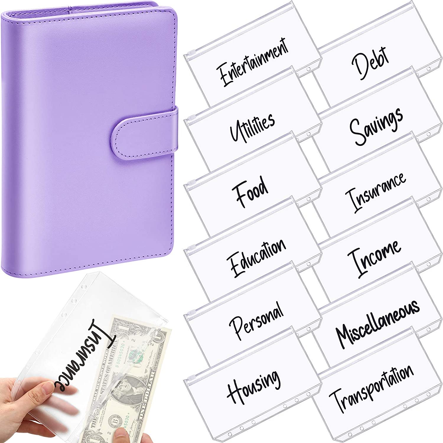PU Leather Money Organizer for Cash Bills Coupon Planner Book Notebook Cover with 12 Zipper Envelopes for Budgeting Expense Saving Royal Blue Glitter DMluna A6 Budget Binder with 48 Label Stickers 