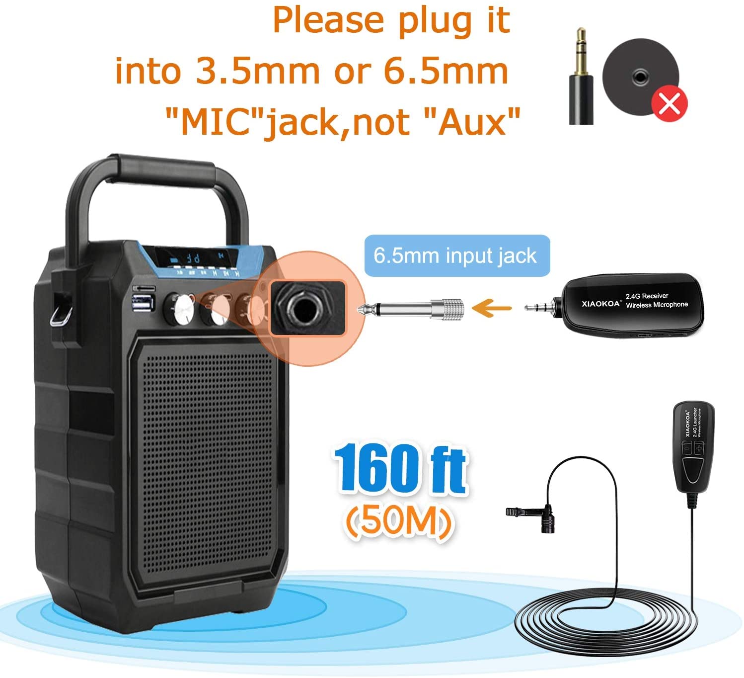 XIAOKOA Wireless Lavalier Microphone 2.4G Wireless Microphone System with Lavalier Lapel Mics Transmitter&Receiver for Conference  Speaker, Teaching, Tour Guiding, Stage Performance