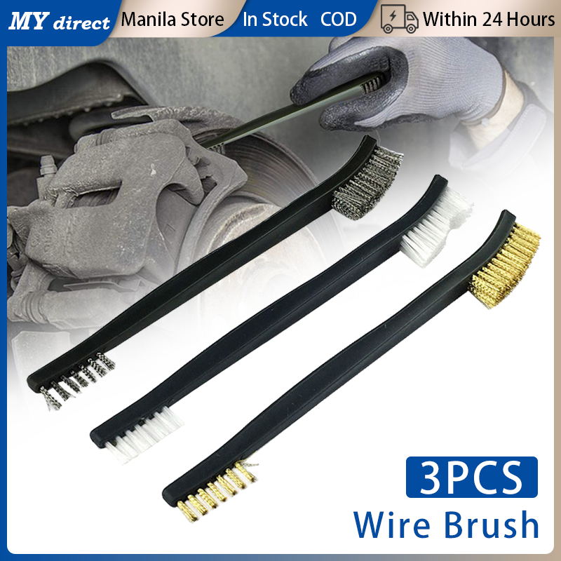 Scratch Brushes Stainless Steel/Nylon/Brass Wire Brush Set Double Bristle  for Cleaning Metal, Small Parts, Paint, Rust, 3 Pack 