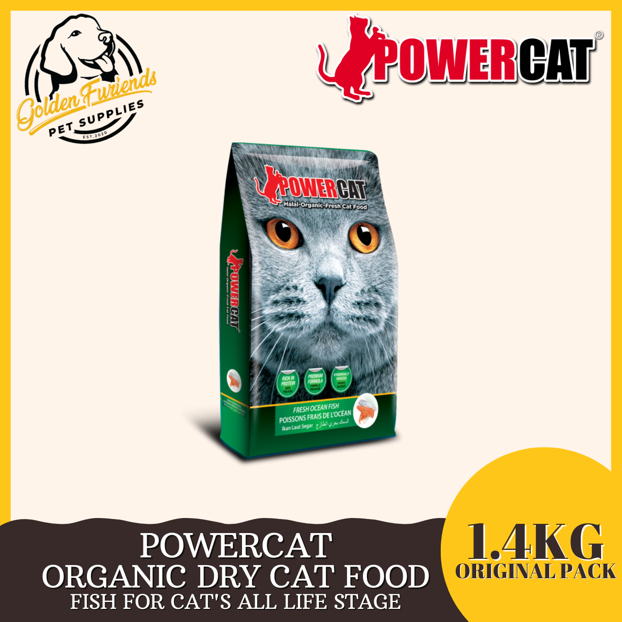 Powercat 1.4kg or 1.2kg (original packaging) HALAL ORGANIC DRY CAT FOOD ...