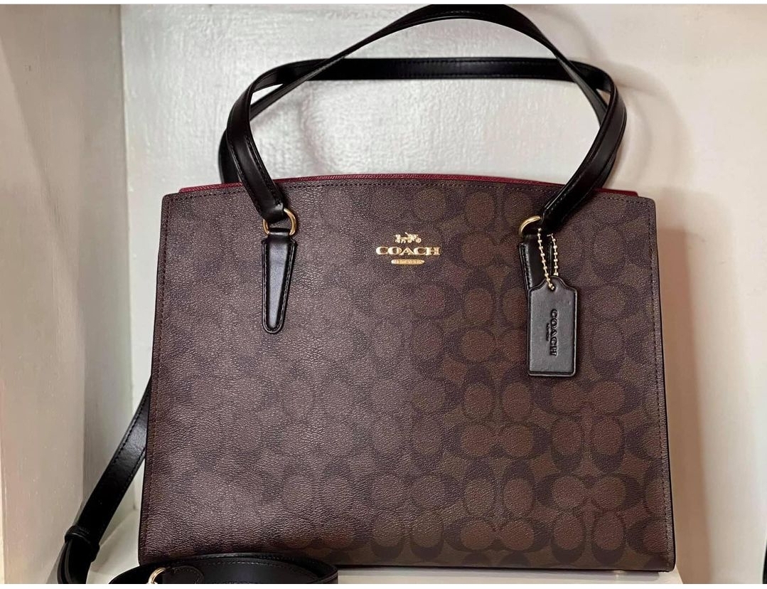 Coach, Bags, Coach Tatum Carryall 4 In Signature Canvas Red Brown Gold  Like New Laptop Purse
