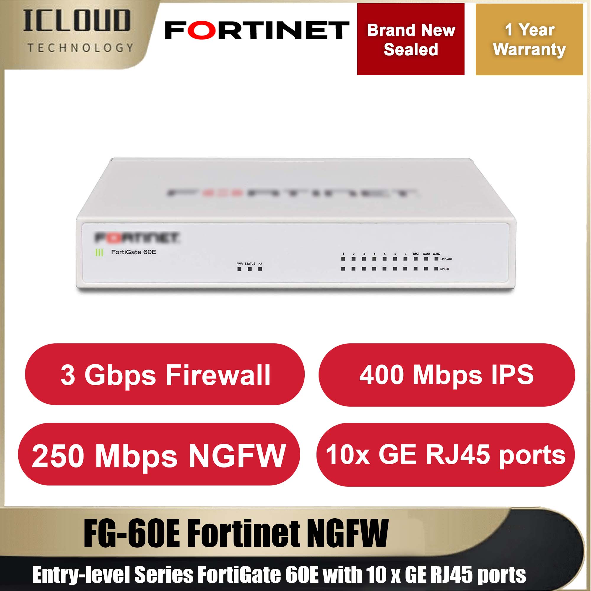 FG-60E Fortinet NGFW Entry-level Series FortiGate 60E with 10 x GE RJ45 ...