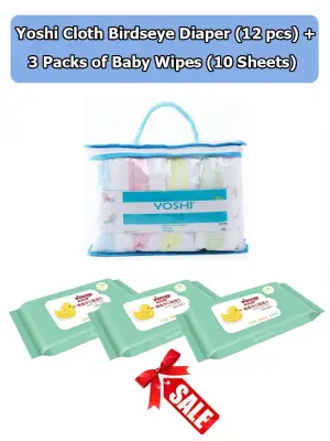 Yoshi Organic Cloth Birdseye Diaper (Lampin Type) 12 pcs + 3 Packs of Babytouch Baby Wipes (10 Sheets)