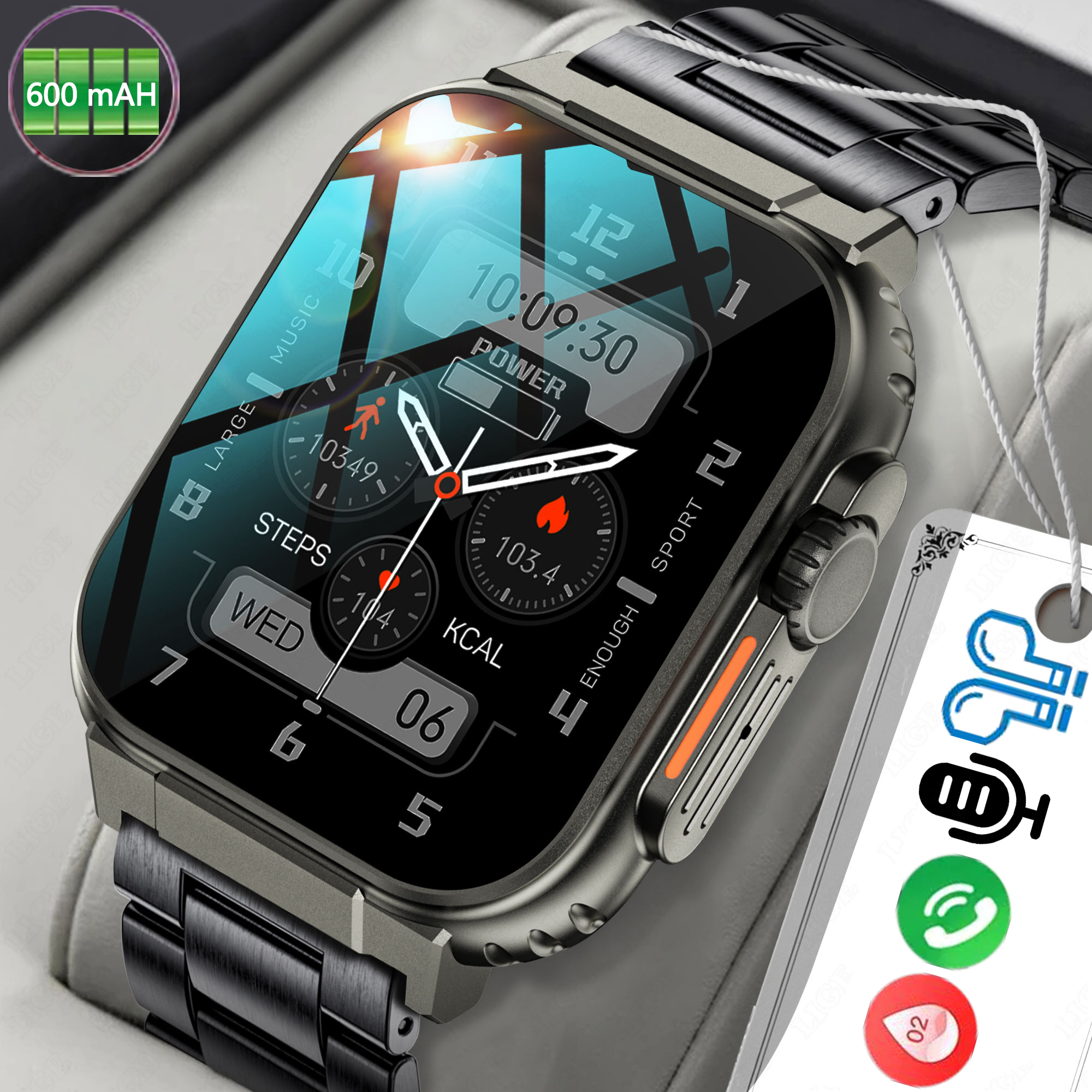 LIGE AMOLED HD Screen Bluetooth Call Smart Watch Men 600Mah Large Battery  100+ Sports Fitness Tracker Waterproof Smart Watch Women Box