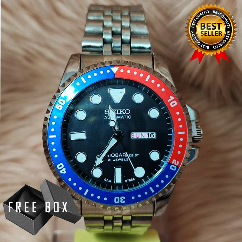 Seiko Automatic Water 10Bar Resists 21 Jewels Day Date Display Blue Red  Bezel (Pepsi) Stainless Steel Watch for Men (free box) | Lazada PH