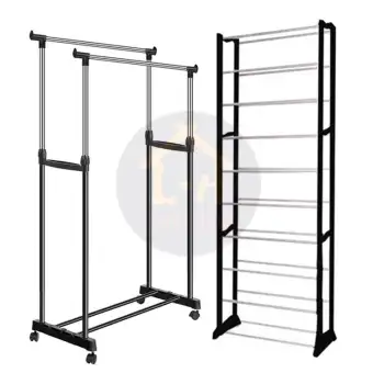 Love Home Diy2n High Quality Double Pole Clothes Rack With High Quality Amazing Shoe Rack Black Lazada Ph