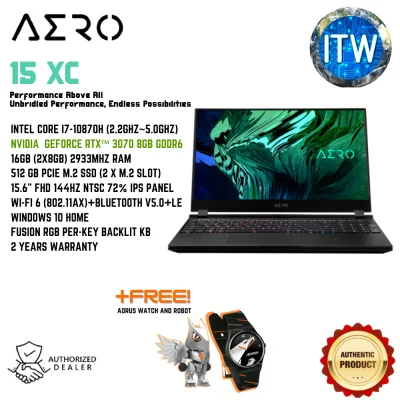 GIGABYTE AERO 15 XC i7-10870H/15.6" FHD 144Hz/RTX3070/512GB PCIe M.2 SSD/Win10 Gaming Laptop ITWorld