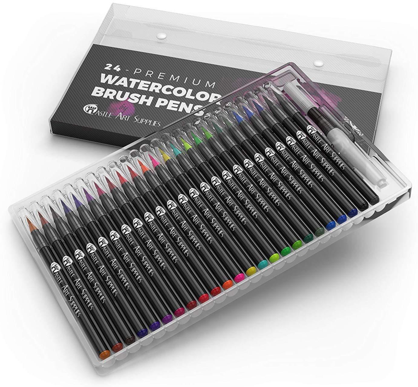 Castle Art Supplies Watercolor Brush Pens Set of 24 - Vibrant Markers with Flexible Nylon Brush Tip