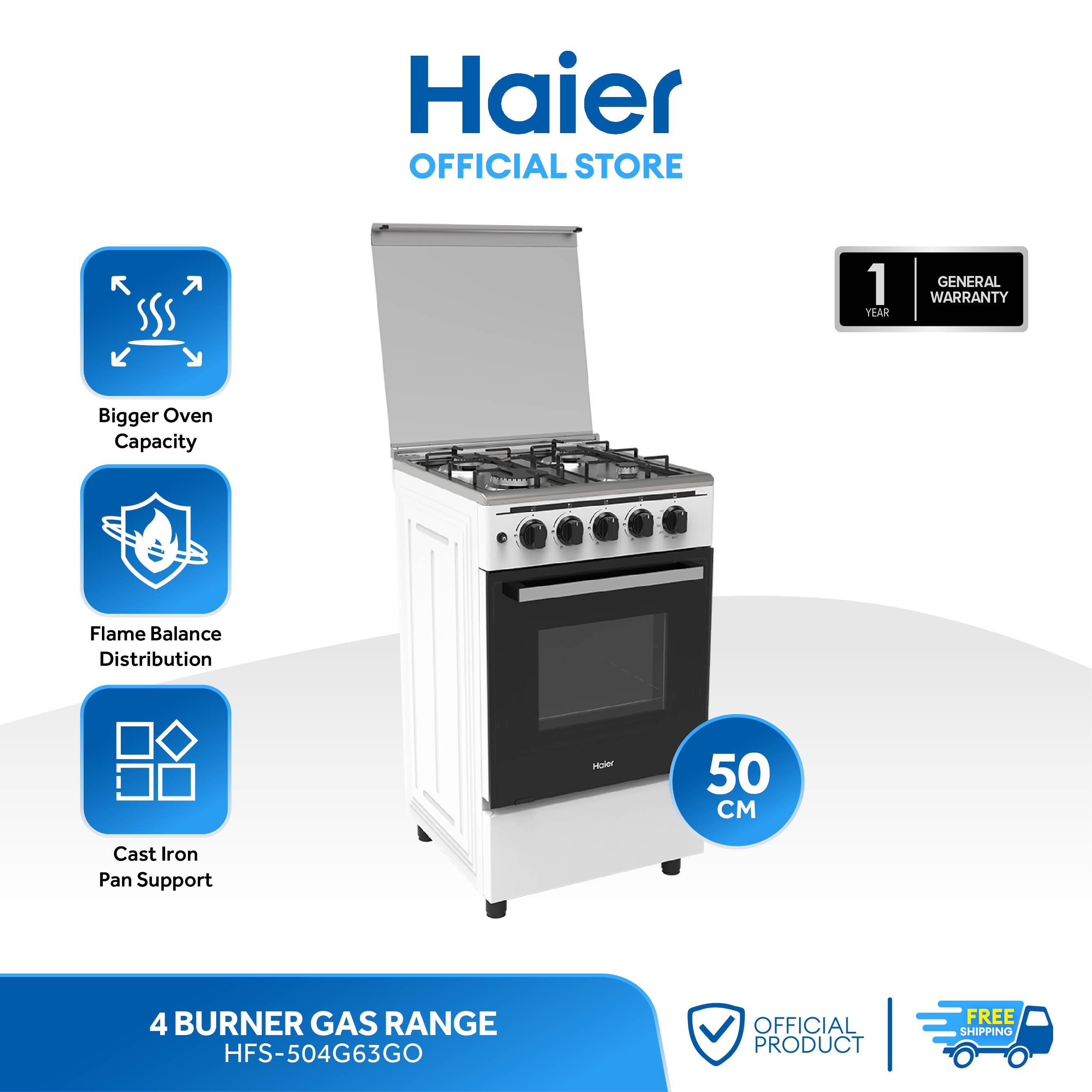 [SELLER PICK] Haier HFS504G63GO 50cm Gas Range 4 Burners with 63L Gas