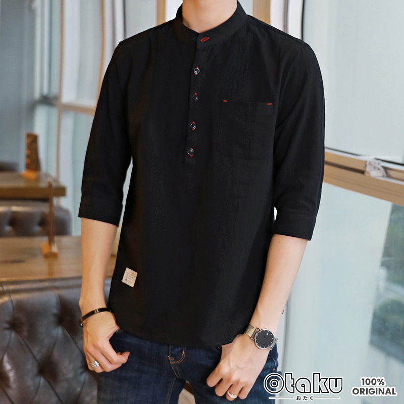 OTAKU Polo For Men Cotton Linen Chinese Collar 4/3 Sleeve Men Shirt Stand  Collar Casual Polo Shirt