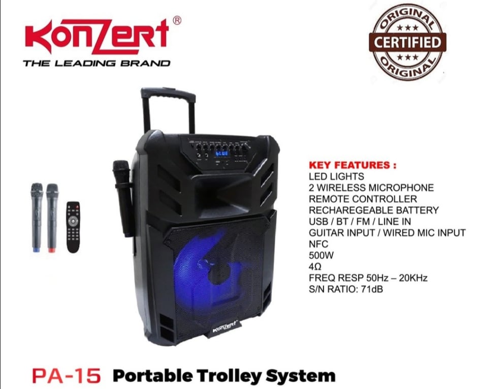 KONZERT PA15 15" PORTABLE TROLLEY SPEAKER SYSTEM WITH BLUETOOTH / USB