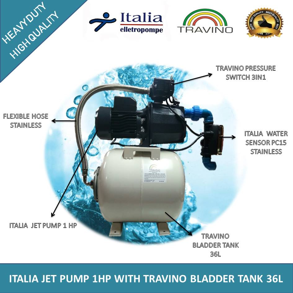 ITALIA Automatic Booster Water Pump 1HP with TRAVINO Bladder Tank