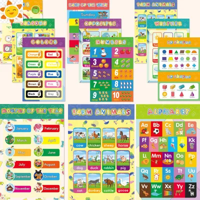 10PCS Educational Preschool Posters Charts for Preschoolers Toddlers Kids Kindergarten Alphabet with sticker