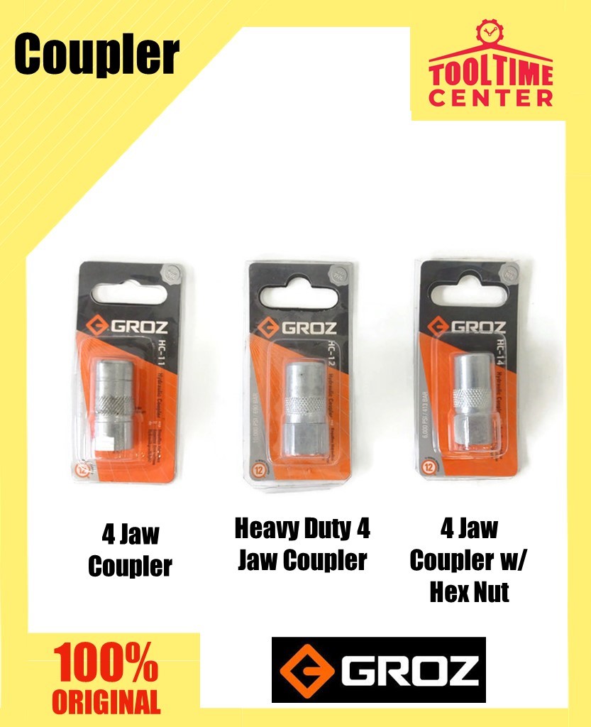 Groz Professional 4 Jaw Coupler for Grease Hose Model HC/14/4/N (with Hex Nut), HC/11/4/N