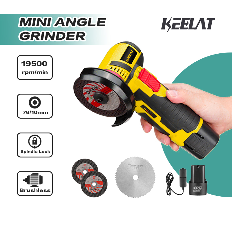 KEELAT Mini Cordless Angle Grinder Electric 2 Battery Portable 12V 80mm