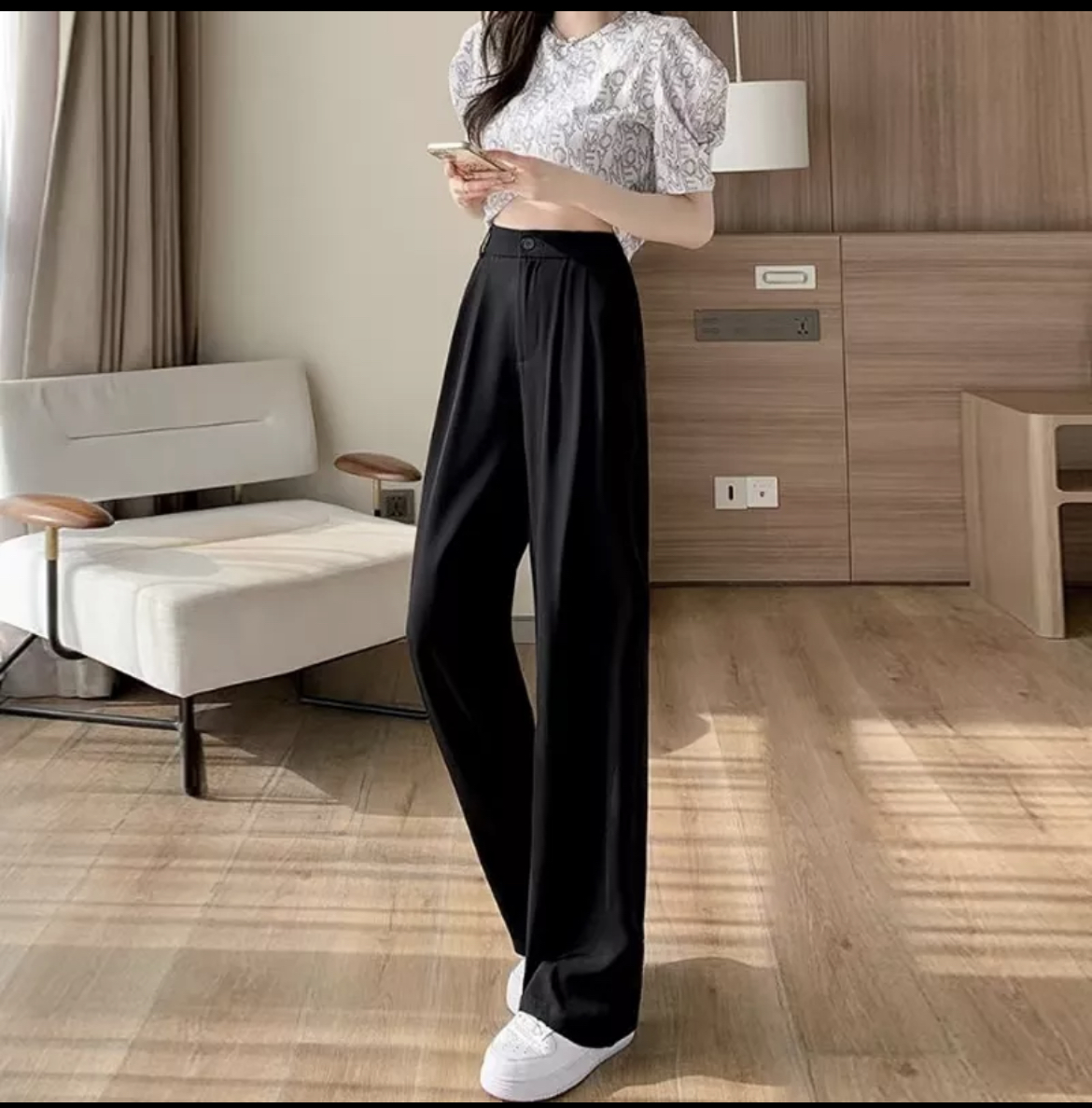 HoneyFashion--Suit Pants High Waist Slimming Elastic Waist